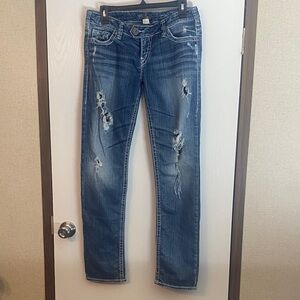 Silver Jeans Distressed Straight Leg Blue Jeans